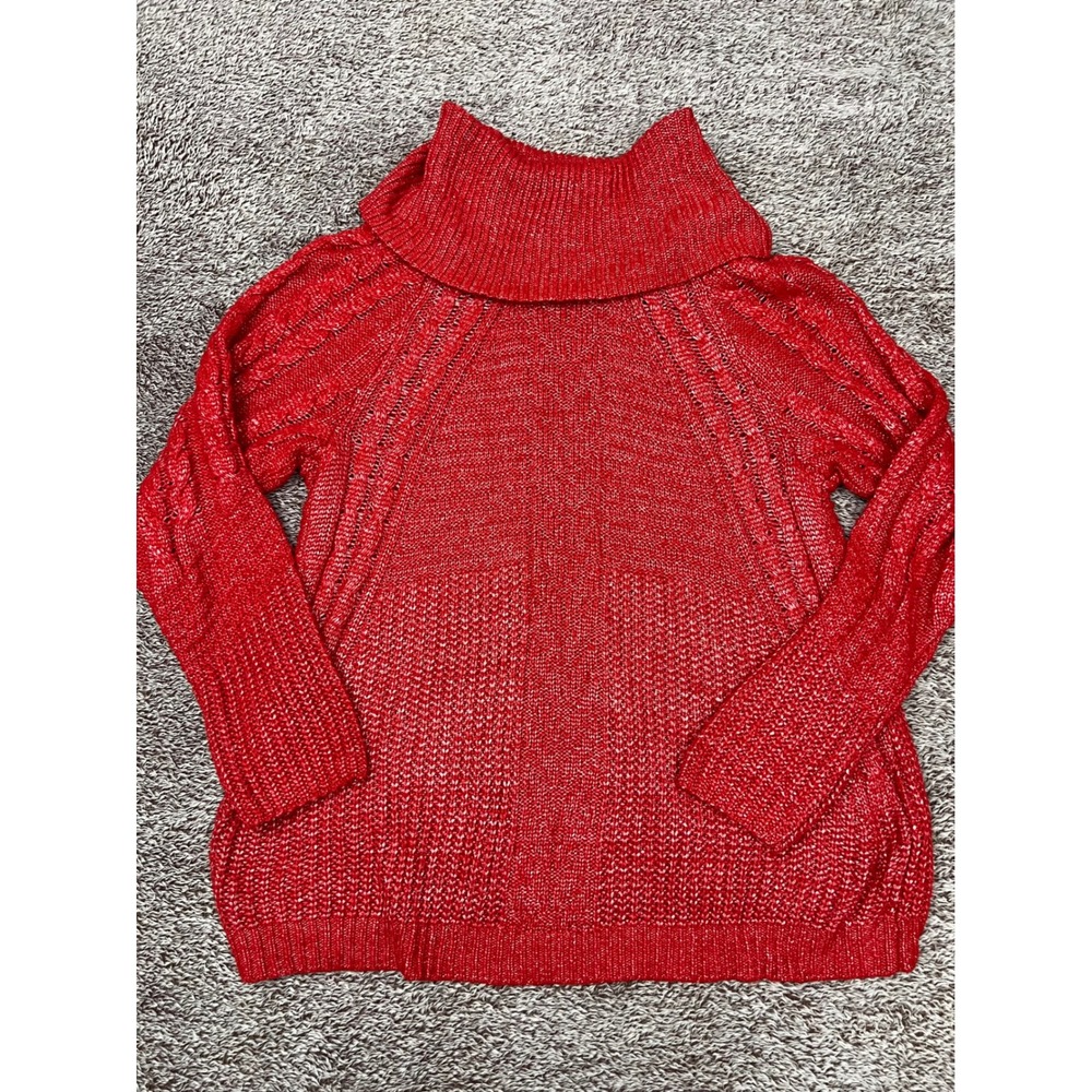 Liz Claiborne Womens XL Red Silver Metallic Cable Knit Turtleneck Sweater